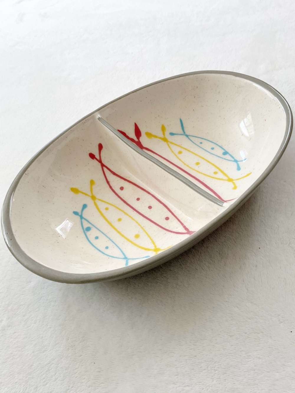 Harkerware Seafare Divided Dish Atomic Fish Mid Century Serving Bowl
